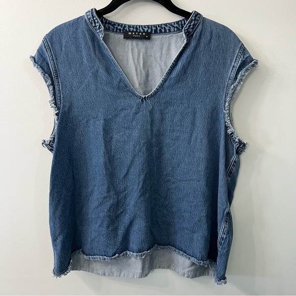 Maven Denim V Neck Cap Sleeve Fringe Hem Top Medium - Picture 1 of 7